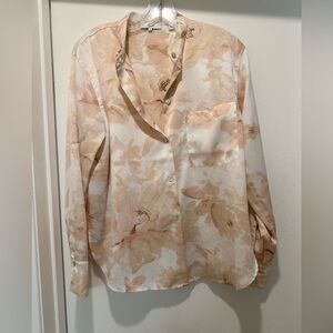 Vince Magnolia Band Collar Blouse Blush Pink Floral Button Down Shirt Size M